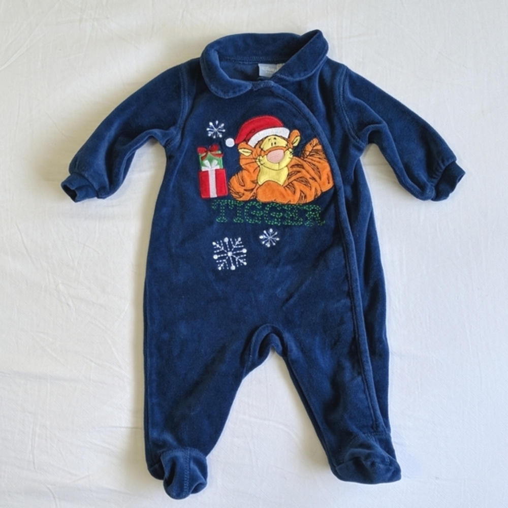 disney baby christmas tigger embroidered blue velour footie jumpsuit 3 months